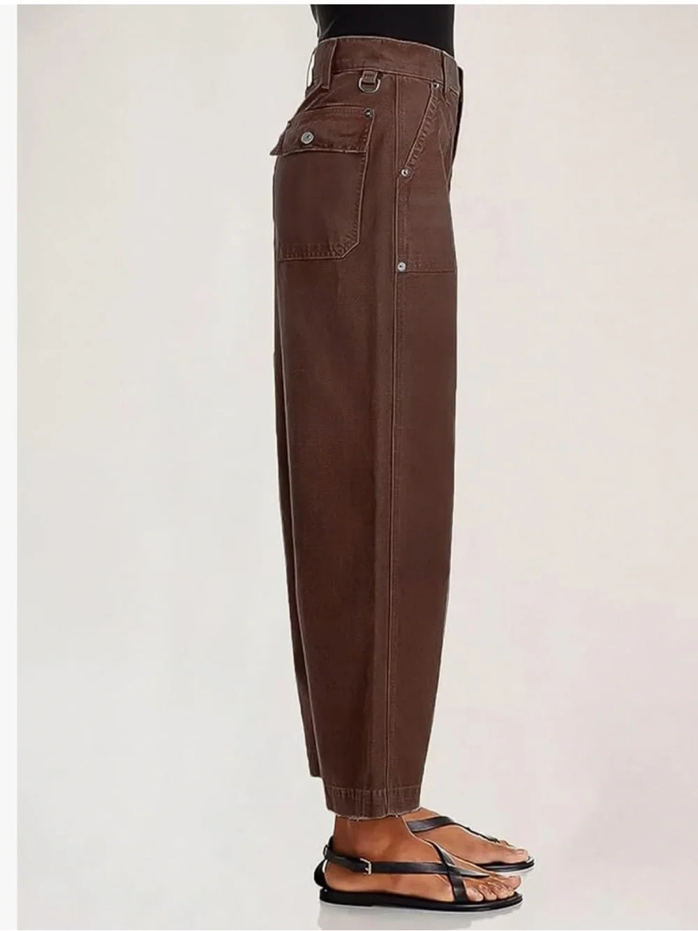 Flamingals Flap Pocket Back Mid Waist Wide Leg Crop Pants in Brown - Picture 3 of 8